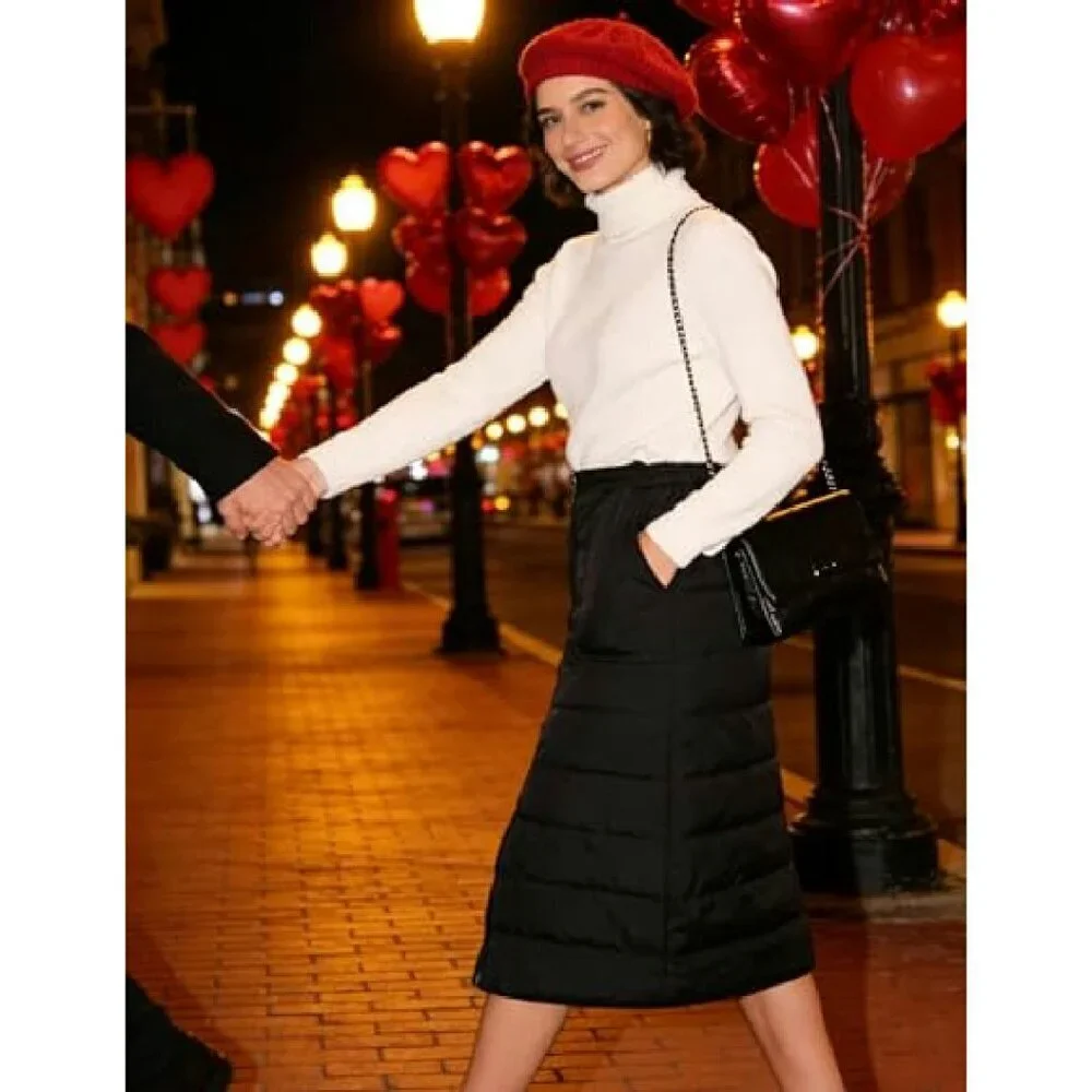 Quilted Puffer Skirt with Pockets, Insulated Winter A-Line